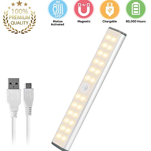 AlfaView Luz Armario con Sensor de Movimiento, 24 LED USB Recargable Barra de Luz Làmpara con Tiras Magnéticas para Armario, Gabinete, Pasillo, Baño, Cajón (Blanco cálido-1 Pack)