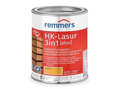 Remmers HK-Lasur 3in1 [plus] kiefer, matt, 0,75 Liter, Holzlasur, Premium Holzlasur außen, 3fach Holzschutz mit Imprägnierung + Grundierung + Lasur