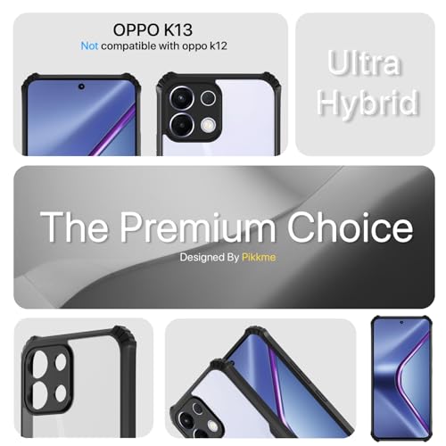 Image of Pikkme Back Cover for Oppo K13 5G | Ultra Hyrbid | Full Camera Protection | Raised Edge | Crystal Clear Transparent Bumper Case (Black)