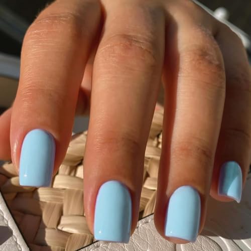 KQueenest 30PCS Baby Blue Press on Nails Short Medium Square,Salon Like Pretty Fake Nails Acrylic,Bright Color Gel Glue on Nails,Short Coffin False Nails Set,Varied Sizes for Women Daily Wear