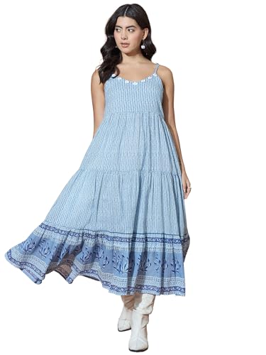 Image of Varanga Women Blue Striped Flowy Dress with Traditional Block Print Inspired Border Accents