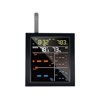ECOWITT Estación meteorológica inalámbrica WN1821, pantalla LCD interior con detector de CO2, sensor de humedad de temperatura multicanal, sensor de presión, como puerta de enlace: Pequeña pantalla LCD colorida: la pantalla tiene una puerta de enlace con botón táctil para cargar los datos de dirección del viento, precipitación, velocidad del viento, gráfico de presión atmosférica, pronóstico del tiempo, higrómetro de 8 canales ...