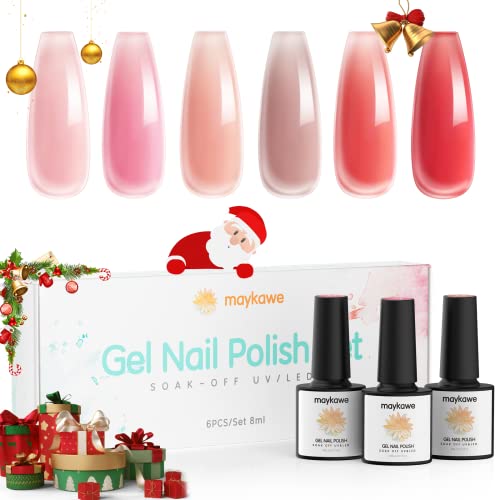 UV Nagellack Natur Rosa Shellac Rose Natur Gel, Maykawe 6 Farben 8ml Rot Nude Nagel Gel Set, Nudefarben Pink Jelly Gel Nagellack Kit, Gelglänzend Langlebig Soak Off UV LED Gellack Nagelstudio Set Cover