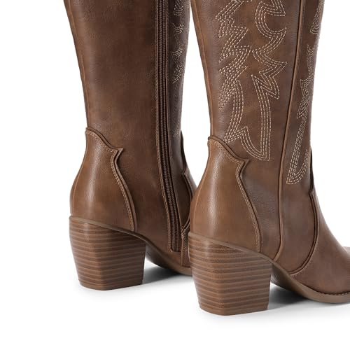 Image of DREAM PAIRS Womens Cowboy Boots Wide Calf Comfortable Pull On Zipper Chunky Heel Pointed Toe Embroidered Western Cowgirl Knee High Boots Ladies Retro Tall Boot