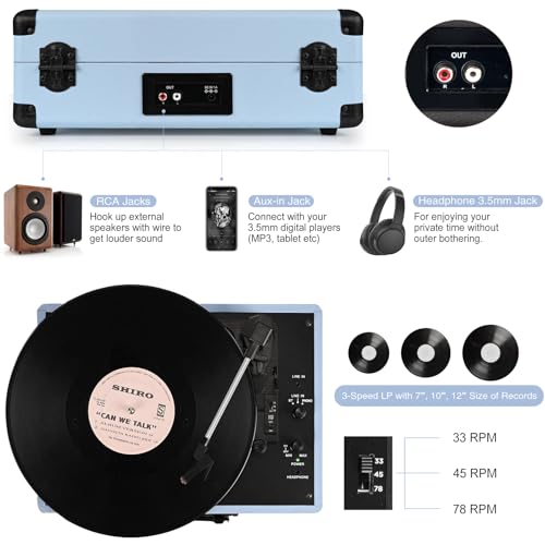 Image of Vinyl Record Player 3-Speed Bluetooth Suitcase Portable Belt-Driven Record Player with Built-in Speakers RCA Line Out AUX in Headphone Jack Vintage Turntable Haze Blue