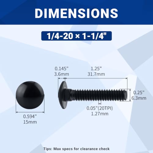 Image of 1 /4-20 x 1-1 /4 inch Black Carriage Bolts with Nuts and Washers Kits (10 Sets), 304 Stainless Steel 18 /8, Black Finish, Round Head, Square Neck, Heavy Duty Bolts, Indoor Outdoor Fastening Bolts, Fayeploo