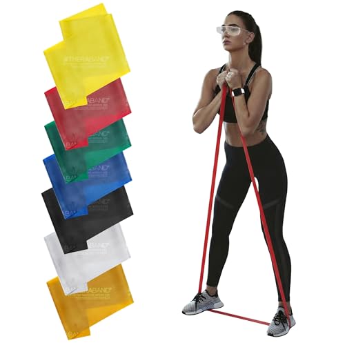 THERABAND Professional Latex Resistance Band Set, Pack of 7, Individual 6 Ft Elastic Band for Upper & Lower Body Exercise, Physical Therapy, Pilates, At-Home Workouts, 6 Foot Band, Levels 1 to 7
