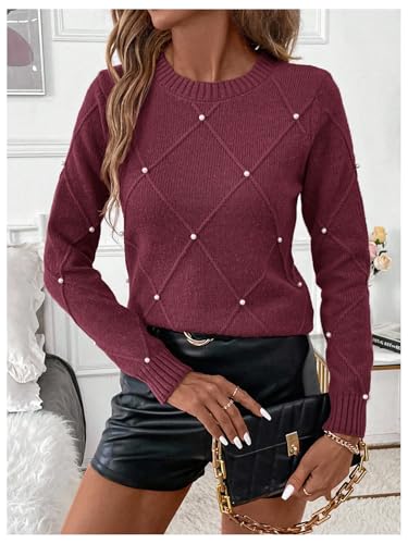 Image of Verdusa Women's Business Casual Outfits Elegant Holiday Sweaters Pearl Long Sleeve Textured Knit Pullover Tops