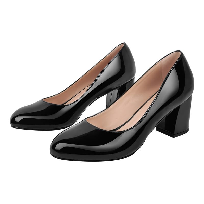 Damen Pumps Blockabsatz Klassische Damenschuhe | Runde Schlupfschuhe mit Geschlossener Zehenpartie, Chunky Heels Slip on, Lackoptik, für Büro Business, Hochzeit, Alltag