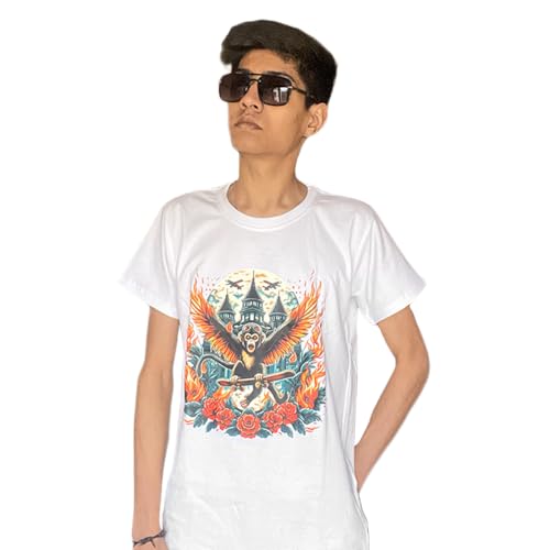 Image of White Printed T-Shirt for Men Pure Cotton Round Neck Half Sleeves Regular Fit