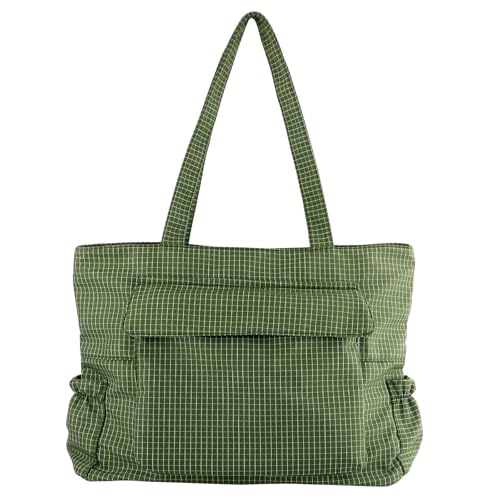 Nylon Tote Bag for Women with Zipper, Green Lightweight Plaid Shoulder Tote Bag, Large Capacity Multi Pocket Everyday Bag for Work Travel Shopping
