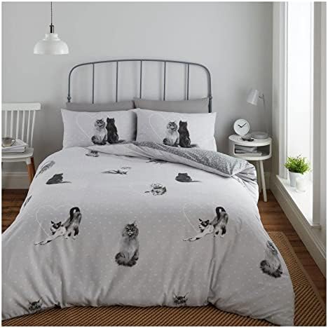 Lions Cat Print Bedding - 3 Piece Double Bed Duvet Cover Set with Pillowcase, Cute Animal Print Quilt Covers, Soft Reversible Hearts Printed Sets for Girls Boys Kids, Grey Silver, 200x200cm
