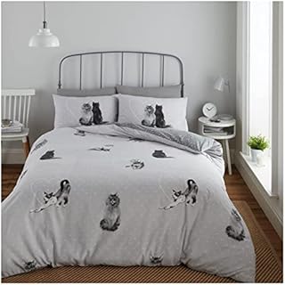 Lions Cat Print Bedding - 3 Piece Double Bed Duvet Cover Set with Pillowcase, Cute Animal Print Quilt Covers, Soft Reversible Hearts Printed Sets for Girls Boys Kids, Grey Silver, 200x200cm