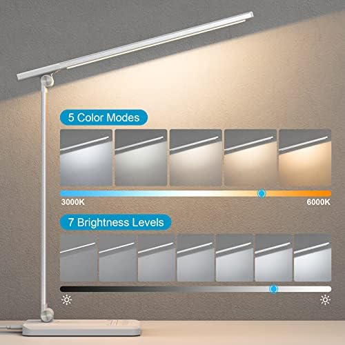JIRVY LED Desk Lamp, Eye Caring Table Lamps with Memory, Touch Control Dimmable Daylight Lamp, Desktop Task Light with USB Charging Port for Bedside, Study, Reading, Office Working and More (Silver)