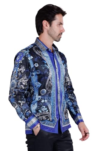 Barabas Men's Rhinestone Floral Snake Skin Long Sleeve Shirts 3SPR408
