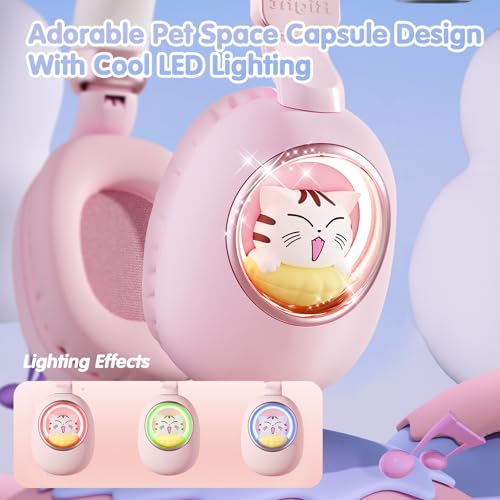 esonstyle Kids Headphones Cat Ear - Bluetooth 5.4 Over-Ear Noise Cancelling Headphones with Microphone LED Lights Up 85dB Safe Volume Limit Wireless or 3.5mm Wired USB C for Travel iPad Tablet (Pink) — view 2