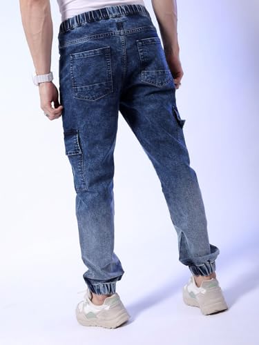 Image of The Indian Garage Co Men Regular Fit Solid Mid-Rise Stretchable Denim Cargo Joggers