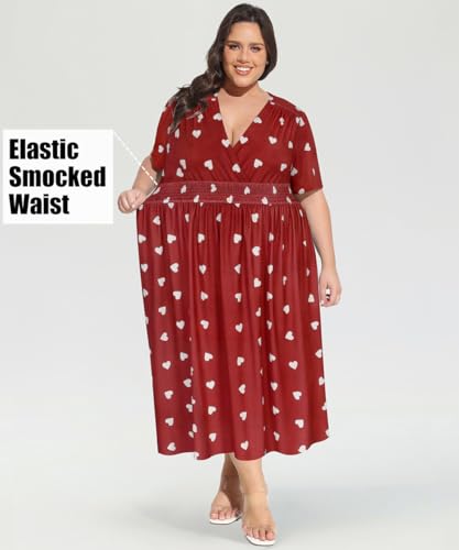 Image of CARCOS Plus Size Dresses for Curvy Women V Neck Summer Maxi Dress Short Sleeve Floral Boho Dress Smocked Waist Beach Dress