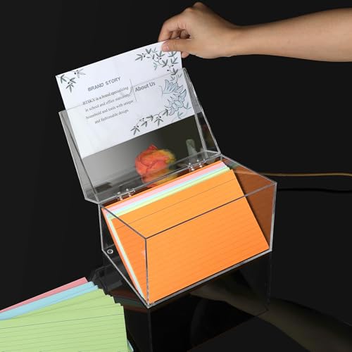 BTSKY Caixa de cartão de índice de acrílico transparente de 12,7 x 20,3 cm com tampa de sinalização