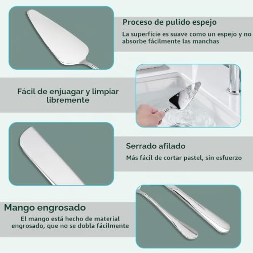 Miniatura 5 de Set De Cuchillos Y Servidores Para Pasteles De Acero Inoxidable - Cuchillo Para Pasteles De 27cm Espátula De Mango Largo - Elegante Acabado Plateado, Ergonómico, Duradero, Perfecto Para Bodas Y Cele