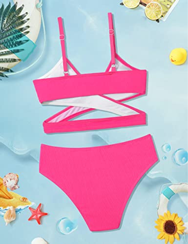 Aulyffo Girls Bathing Suit Size 11 12,Two Piece Bikini Criss Cross Swimsuit V-Neck Adjustable Shoulder Straps Girls' Swimwear Hot Pink #TOP5