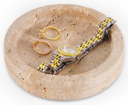 SPESHSTONES Travertine Jewelry Dish 5 Inch Decorative Trinket Tray for Perfume, Earrings, Necklace and Keys - Stone Ring Holder for Gifts, Coquette Table, Vanity & Bathroom Decor