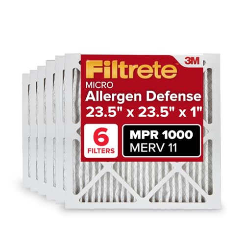 Filtrete 23.5x23.5x1 AC Furnace Air Filter, MERV 11, MPR 1000, Micro Allergen Defense, 3-Month Pleated 1-Inch Electrostatic Air Cleaning Filter, 6 Pack (Actual Size Pack 23.188x23.188x0.81 in)