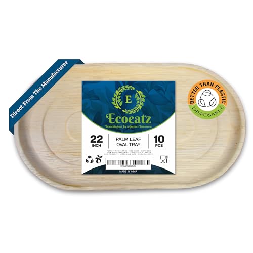 ECOEATZ 22" Oval Palm Leaf Trays 10 Pack – Bamboo Style, Disposable Bamboo Serving Trays, Sturdy & Compostable Platters for Parties, Catering, Grazing Tables, Weddings, Events