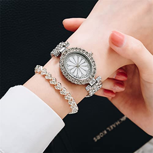 Cdybox Women Luxury Crystal Bracelet Watch Oval Dial Analog Quartz Wristwatch Girls Bangle Jewelry Watches Set (Silver) #TOP1
