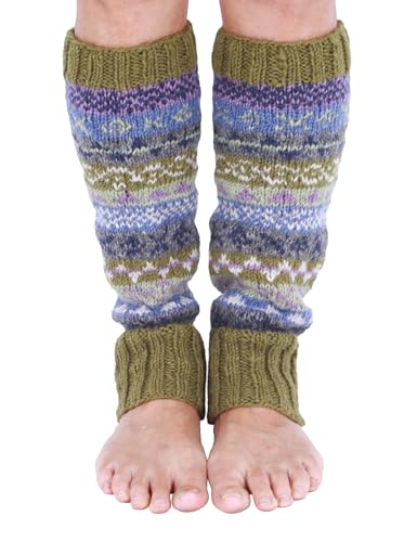 Pachamama Women 100% Wool Legwarmer Handknitted Fair Isle Pattern Olive Multicoloured Regular Fit Handmade Extra Warm