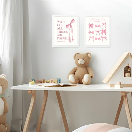 Image of LARTSFRO Coquette Pink Bow Wall Art Decor Posters, Pink Bow Room Bedroom Bathroom Dorm Wall Art Decor Aesthetic for College Teen Girls Gifts, Inspirational Bible Verses Bow Wall Decor, 10x8 Inch Set of 4 Pcs Bow Pictures (WHITE FRAMED)