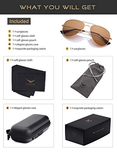 LUENX Aviator Sunglasses for Mens Polarized Brown Amber Lenses Gold Metal Frame UV400 Protection Classic Style