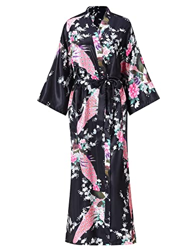 Image of Women's Floral Long Satin Robes Plus Size Long Silk Robes Peacock Floral Kimonos Sleepwear Dressing Gown
