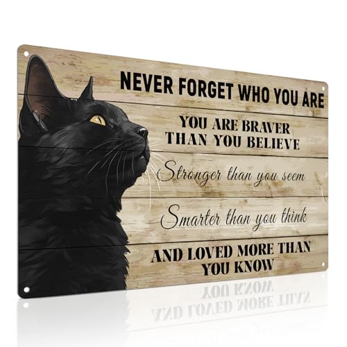 ALKB Never Forget Who You Are. Retro Metal Sign Black Cat Lovers Gift, Inspirational Wall Art Vintage Cat Decor for Home,Office,Bedroom 8 x 12 Inch