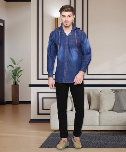 Image of Kuons Avenue Men's Denim Hooded Casual Shirt | Full Sleeve | Regular Fit | Hooded Collar - Stylish Everyday Wear