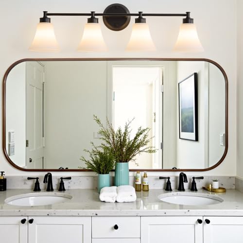 Image of LOUSACE 4 Light Bathroom Vanity Light Matte Black Bathroom Lighting Fixtures Over Mirror with Opal White Frosted Glass Shade, Vintage Traditional Wall Lighting Fixture Vanity Lights for Bedroom