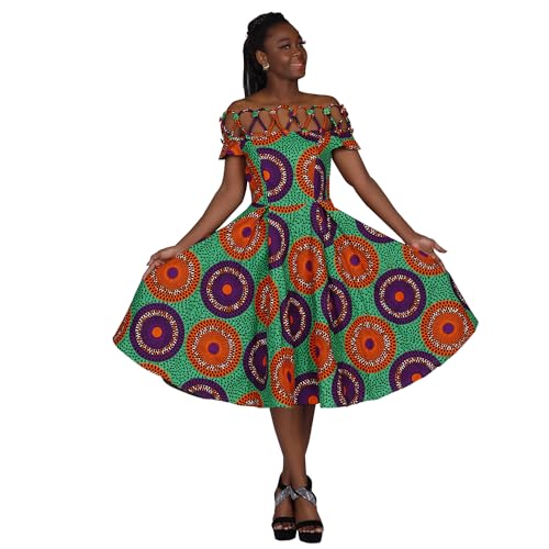 Image of XIAOHUAGUA African Dresses for Women Cotton Cutout Neck Short Sleeve Ankara Dashiki Cocktail Party A-Line Flare Dress