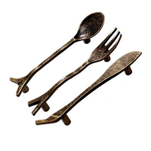 fork spoon cabinet handles - luluxing 3Pcs Knife Fork and Spoon Shaped Tableware Appearance Dresser Drawer Handles Cabinet Knobs Bronze Kitchen Wardrobe Cupboard Decoration Pulls Handle