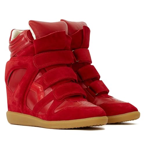 Image of Wedge Sneakers for Women Suede Tennis Shoes Hidden Wedges Round Toe Strappy High Top Sneakers Comfy Casual Walking Shoes