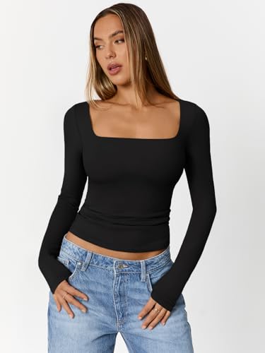 Trendy Queen Womens Double Lined Square Neck Long Sleeve Slightly Crop Slim Fit Tops Casual Layer Basic Tee Shirts 20252