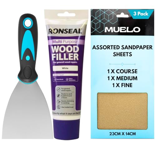 Ronseal White Wood Filler Tube 325g – Strong Wood Putty for Oak, Pine & MDF – Includes 3” Muelo Metal Filler Tool & 3 Sandpaper Sheets (Medium, Coarse, Fine) for Wood Repairs