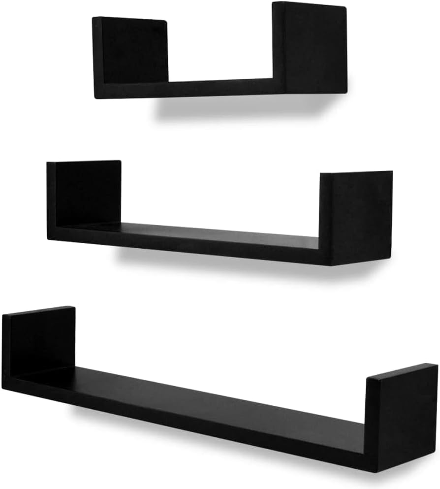 3 Black MDF U-Shaped Floating Wall Display Shelves,Plant Shelve,Camera Shelve,Kitchen Shelves,Modern Shelves,Wall Decor,for Home,Office,Bedroom,Bathroom,Kitchen or Games Room,Book/DVD Storage
