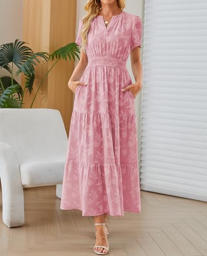 Image of Women's Maxi Dresses Boho Burnout V Neck Short Puff Sleeve Smocked Empire Waist Long Wedding Guest Semi Formal Dress Pockets