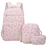 School Bags for Girls,Cute Kawaii Bow Backpack Set,Kids Aesthetic Preppy Rucksack,Water Resistant Lightweight Bookbag Backpack for Teens Girls,Ideal for Primary Secondary Middle School (Pink)