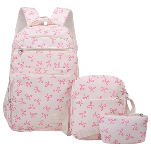 School Bags for Girls,Cute Kawaii Bow Backpack Set,Kids Aesthetic Preppy Rucksack,Water Resistant Lightweight Bookbag Backpack for Teens Girls,Ideal for Primary Secondary Middle School (Pink)