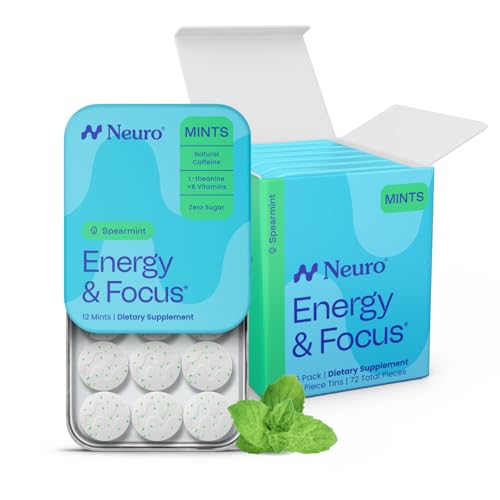 Neuro Energy & Focus Mints - Sugar Free Breath Mints with 40mg Natural Caffeine B Vitamins & L-Theanine - Vegan Brain Supplement for Exercise Study & Daily Focus - Spearmint 72 ct