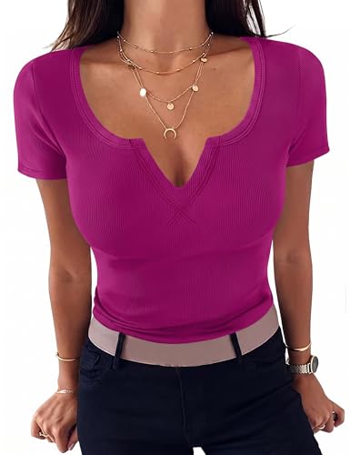 Aottori T-Shirt Femme à Manches Courtes Col en V élégant Haut Décontracté Tee Shirt Tunique Chemises Top Couleur Unie Shirts Été Rose Fushia L