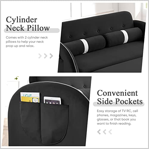 Sleeper Sofa Couch Bed, 55.5" 3 In 1 Velvet Convertible Loveseat Sleeper With Pullout Bed, Small Love Seat Futon Sofa W/Adjustable Backrest, Cylinder Pillows & Pockets For Living Room Bedroom, Black #TOP6