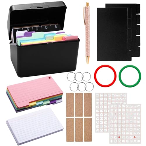 370 Stück Karteikartenbox A6, Farbige Lernkarten mit 6 Ringen, 350 Bunte Karteikarten mit Beidseitigem Linieren (6 Farben), Etiketten etc, Karteikartenbox A6 zum Lernen, Studieren, Auswendiglernen