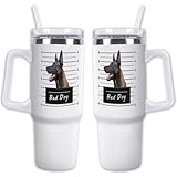 GABSHAIM Custom White Tumbler Dog Travel Mug with Handle & Straw Lid Double-layer Insulation Double Sided Printed Travel Coffee Cup Belgian Malinois Pattern Design 40 oz